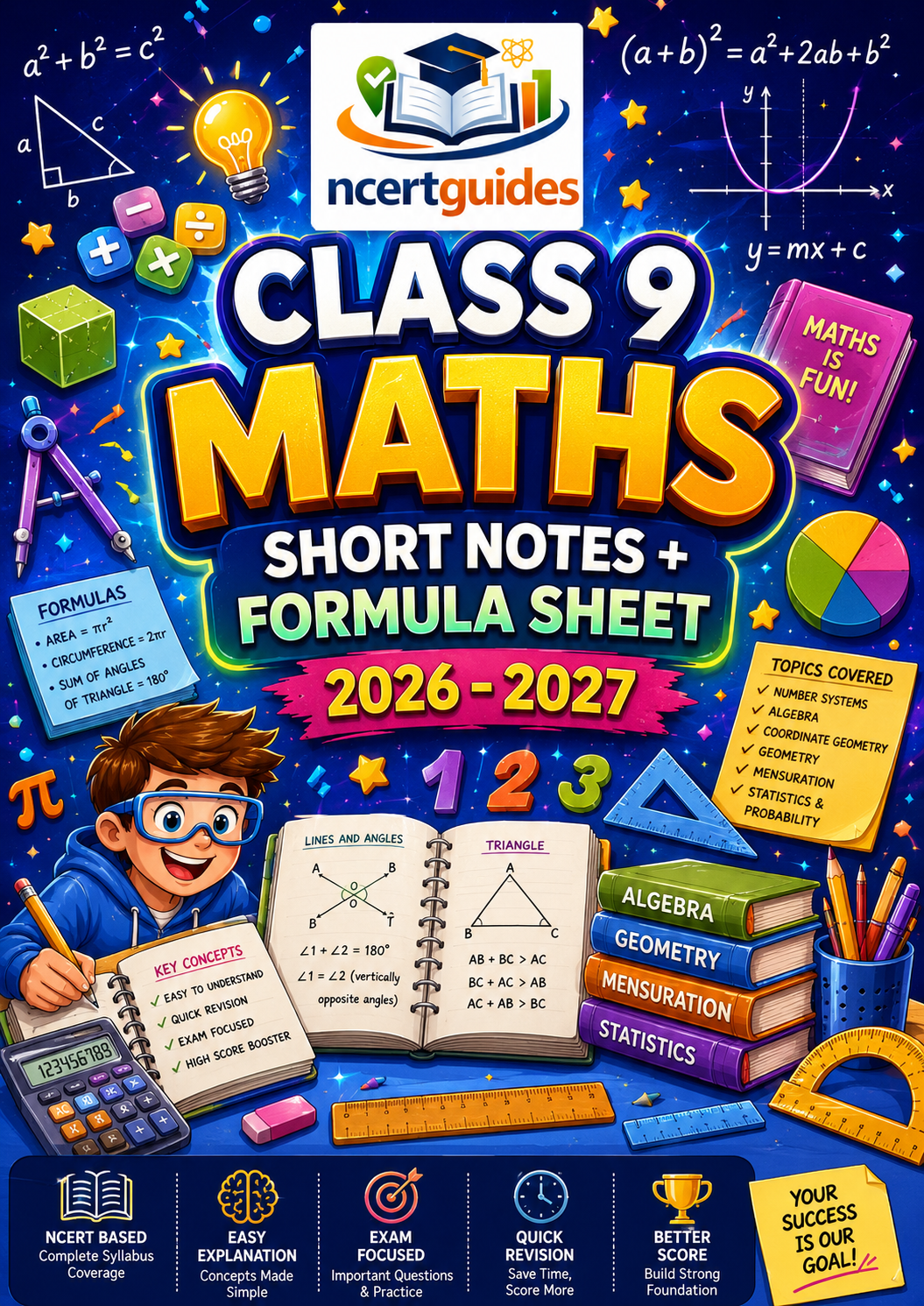Class 9 Maths Complete Handwritten Notes PDF | All 12 Chapters | Session 2026-27 | NCERTGuides.in